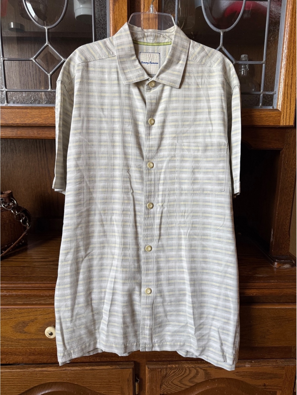 Tommy Bahama Men’s Silk Cotton Camp Shirt Sz L Gray Yellow Plaid Short Sleeve